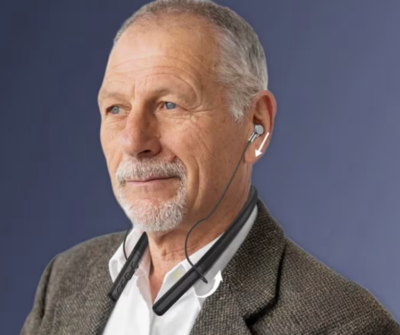 Product model LumiNeckband Rechargeable Bluetooth Hearing Aid in Use