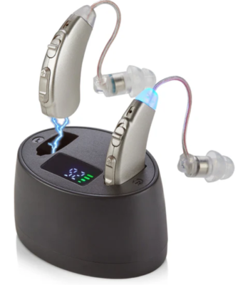 Product model Premium Rechargeable Hearing Aids for Seniors – Behind-the-Ear Hearing Amplifier PSAP design with Noise Cancellation Charger
