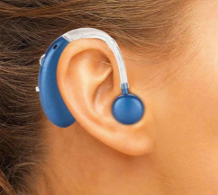 Product model Digital Hearing Aids Pair – Rechargeable – Operated BTE Personal Sound Assist Device in Use